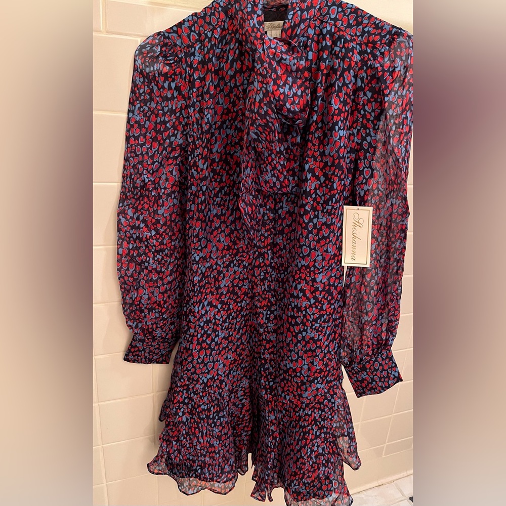 Shoshanna dress Heart Print dress Tie-Neck Long-Sleeve Ruffle Dress